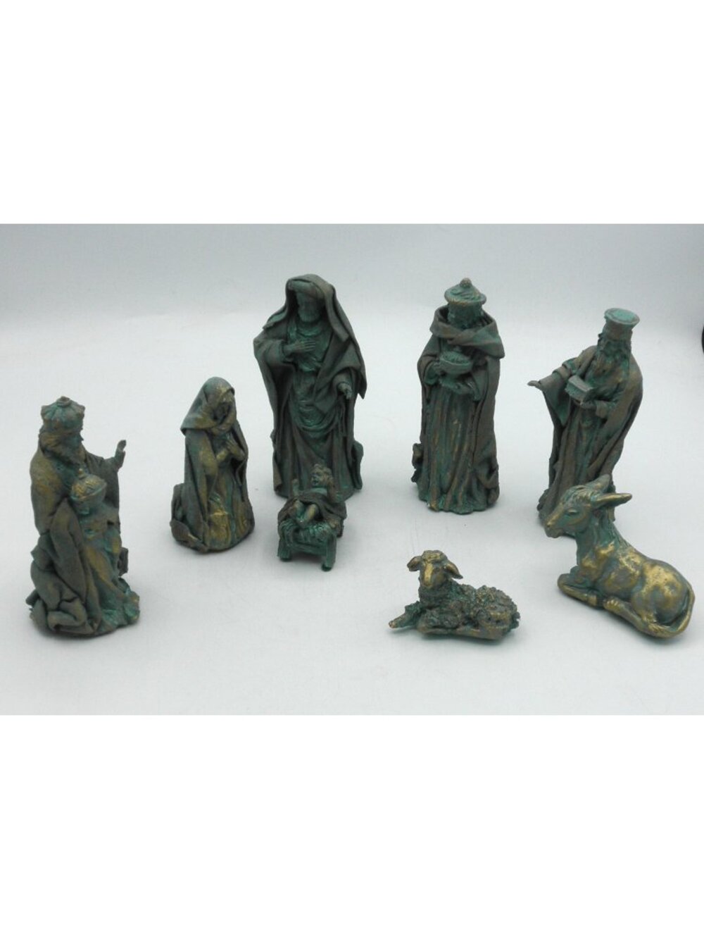 Patinated Bronze Style Fabric Mache Nativity Figurines 8 PC Holy Family & Magi